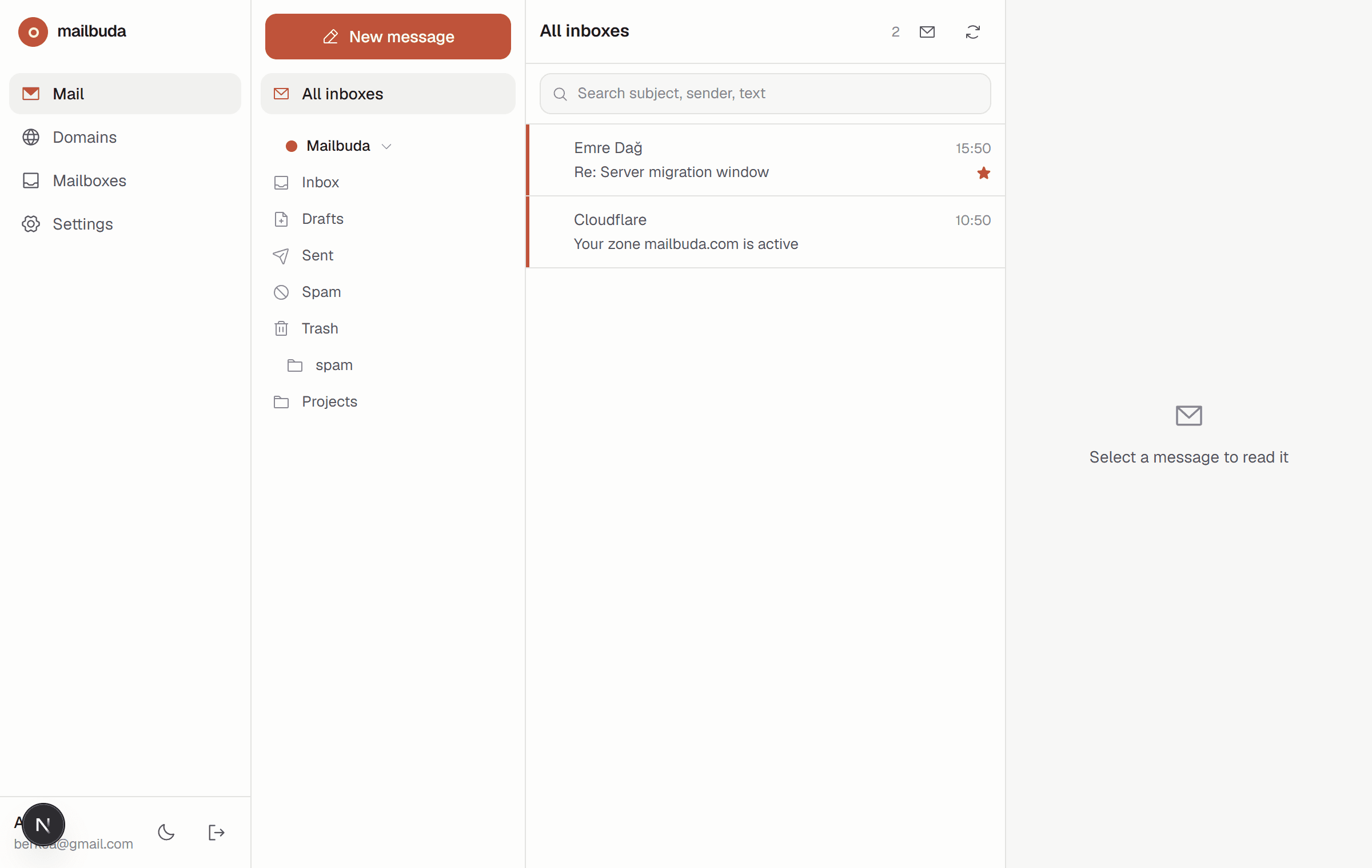 Unified inbox showing messages from several mailboxes