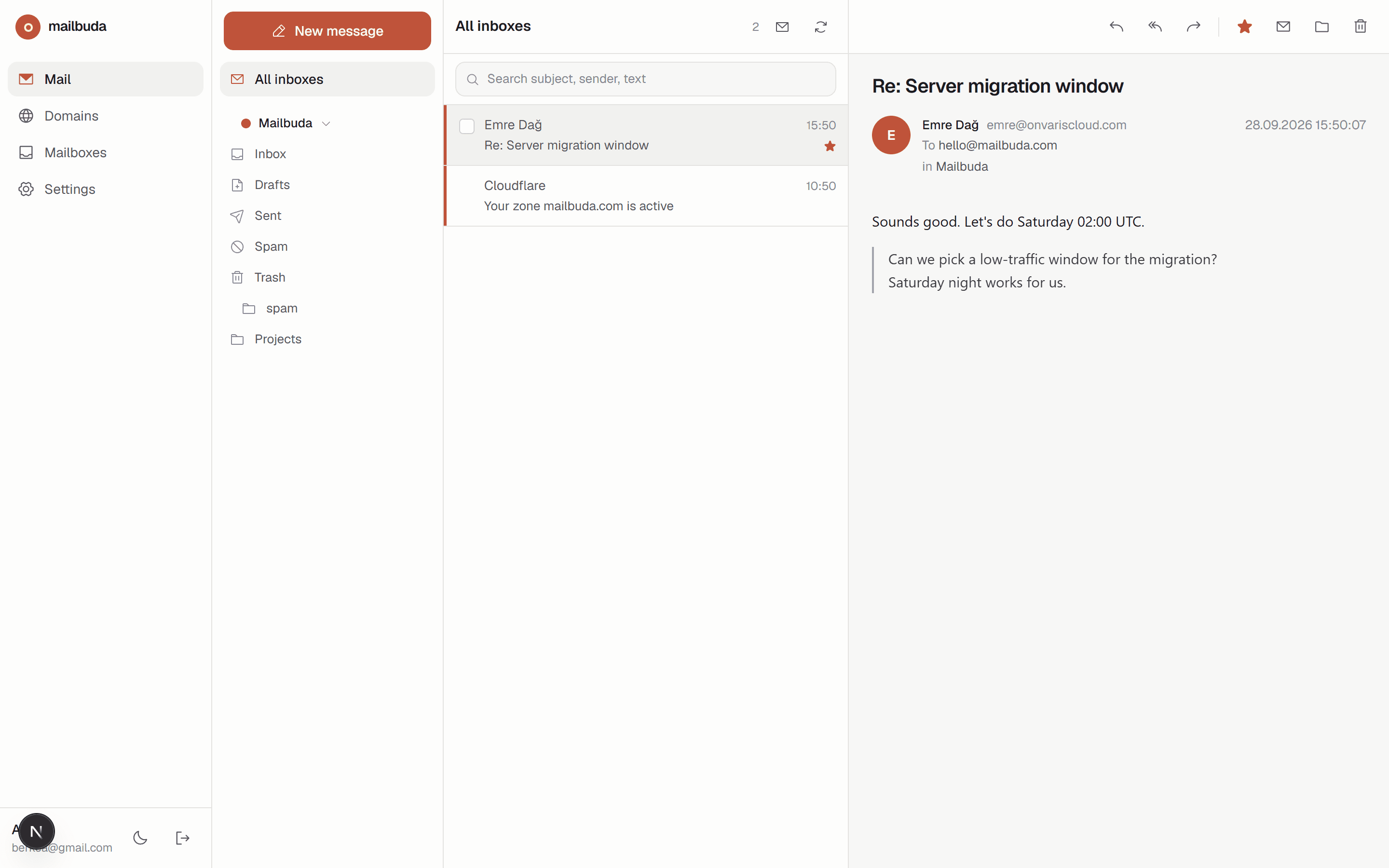 The Mailbuda webmail with all inboxes in one list
